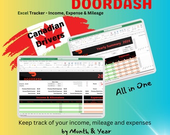 DOORDASH | GS TEMPLATE | All in One | Monthly Income, Expense, Kilometer Tracker | Yearly Summary | Canadian Delivery Drivers | Finance