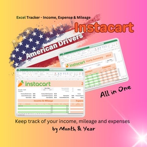 May include: A computer screen displaying an Excel spreadsheet with the title "Instacart Yearly Summary 2024". The spreadsheet is divided into columns for "Odometers" and "Expenses". The spreadsheet is designed to help Instacart drivers track their income, mileage, and expenses by month and year. The text "All in One" is displayed on the screen.