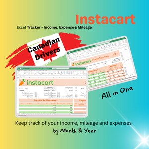 Puede incluir: Una pantalla de ordenador que muestra una hoja de cálculo para hacer un seguimiento de los ingresos, gastos y kilometraje de los conductores de Instacart. La hoja de cálculo está organizada por mes y año. La hoja de cálculo tiene una bandera canadiense roja, blanca y roja de fondo. El texto "Conductores canadienses" está en un círculo rojo en la pantalla. El texto "Todo en uno" está en la esquina inferior derecha de la pantalla.