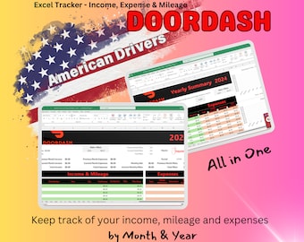 DOORDASH | All-in-one Google Sheet Spreadsheet | Monthly Income | Expense and Mileage Tracker - American Delivery Drivers | Yearly Summary