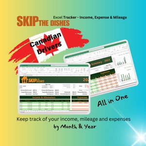 Könnte beinhalten: Ein Computerbildschirm zeigt eine Excel-Tabelle mit dem Titel "Skip the Dishes Canadian Drivers" und dem Text "Excel Tracker - Income, Expense & Mileage". Die Tabelle ist in Abschnitte für Einkommen, Kilometer und Ausgaben unterteilt. Die Tabelle enthält auch eine Zusammenfassung für das Jahr 2024. Der Text "All in One" wird auf dem Bildschirm angezeigt. Der Text "Keep track of your income, mileage and expenses by Month & Year" wird unter dem Bildschirm angezeigt.