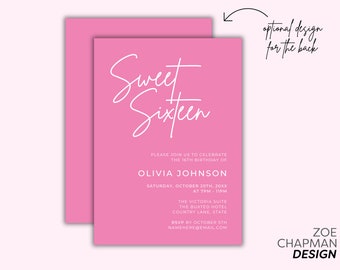 Sweet Sixteen Pink Text Birthday Invitation Girls 16th Party Invite Minimalist Sixteenth Editable Canva Template