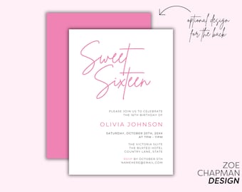 Sweet Sixteen Pink Text Birthday Invitation Girls 16th Party Invite Minimalist Sixteenth Editable Canva Template