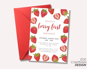 Girls Strawberry 1st Birthday Invitation Berry First Baby Girl Party Invite Cute Summer Fruit Editable Canva Template
