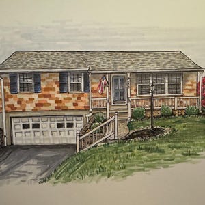 May include: A watercolour painting of a brick house with a garage, a porch, and a small American flag. The house has a green lawn and a bush with red flowers.