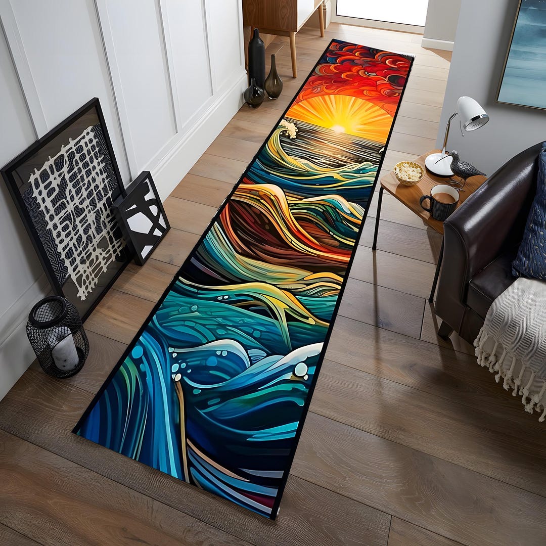 Sunset Glass Patterned Runner Rug, Sunset and Sea Printed Runner Rug ...