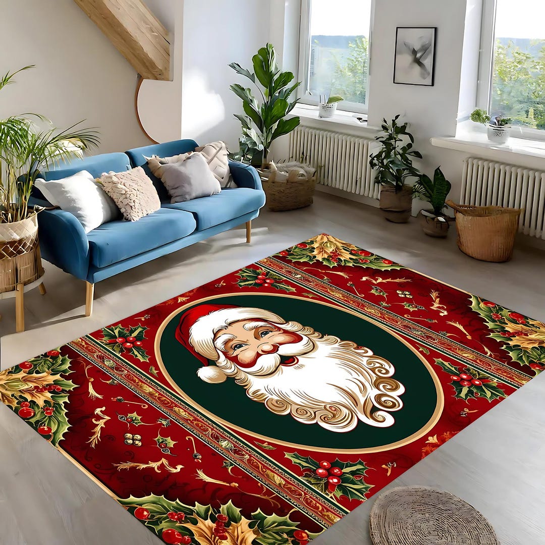 Mistletoe Patterned Santa Claus Rug, Santa Claus Floor Decor, Vintage ...