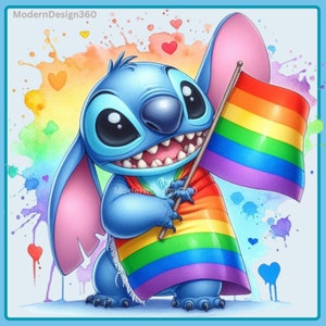 May include: A blue cartoon character with large eyes and a toothy grin, holding a rainbow flag. The character is wearing a rainbow-colored cape. The background is a watercolor wash of rainbow colors.