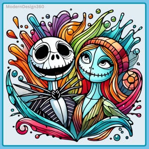 Jack and Sally Stained Glass Watercolor Splash, Clipart Images, Graphics and Artwork, Rainbow Aesthetic, PNG Christmas Nightmare Images
