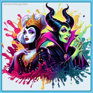 May include: Digital art featuring two fantasy characters with vibrant colors. One character wears a gold crown and black attire, the other has black horns and a green complexion. Both are set against a backdrop of colorful paint splatters.