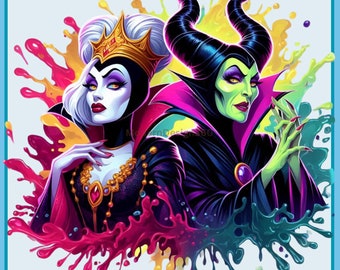 Cruella and Maleficent Watercolor Splash | Clipart Images | Graphics and Artwork | Rainbow Aesthetic | PNG Cute Queen and Villain Images
