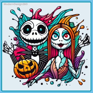 Jack and Sally Stained Glass Watercolor Splash, Clipart Images, Graphics and Artwork, Rainbow Aesthetic, PNG Christmas Nightmare Images
