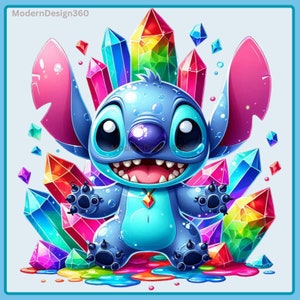 Stitch Gemstone Crystals Watercolor Splash | Clipart Images | Graphics and Artwork | Rainbow Aesthetic | PNG Cute Character Images