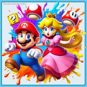 Mario und Peach Aquarell Splash, Clipart-Bilder, Grafiken und Kunstwerke, Regenbogenästhetik, PNG Gaming Bilder