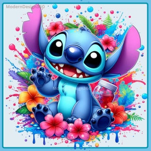 Stitch Floral Watercolor Splash, Clipart Images, Graphics and Artwork, Rainbow Aesthetic, PNG Cute Stitch Images