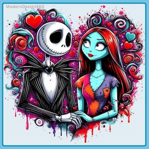 Jack and Sally Heart Watercolor Splash | Clipart Images | Graphics and Artwork | Rainbow Aesthetic | PNG Christmas Nightmare Images