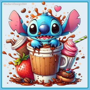 Stitch Coffee Watercolor Splash | Clipart Images | Graphics and Artwork | Rainbow Aesthetic | PNG Cute Character Images