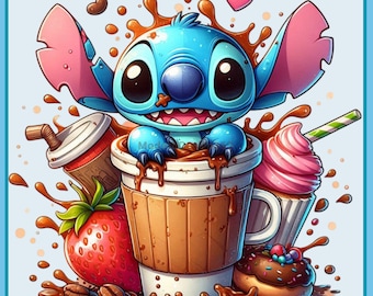Salpicadura de acuarela de café de Stitch / Imágenes prediseñadas / Gráficos y obras de arte / Estética de arcoíris / Imágenes PNG de personajes lindos