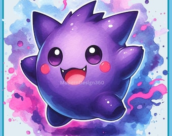 May include: A purple and blue cartoon character with a big smile and large eyes. The character is surrounded by pink and blue watercolor splatters.