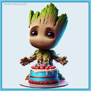Può includere: Un'illustrazione digitale di un personaggio simile a Groot con un'espressione triste, che tiene in mano una torta di compleanno con candele accese. La torta è blu con dettagli rossi e bianchi, e guarnita con bacche rosse. Il personaggio è marrone e verde, con grandi occhi viola.