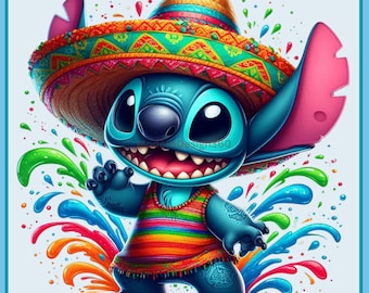 Stitch Cinco de Mayo Watercolor Splash | Clipart Images | Graphics and Artwork | Rainbow Aesthetic | PNG Cute Holiday Images