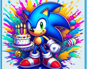 Cute Sonic Birthday Watercolor Splash | Clipart Images | Graphics and Artwork | Rainbow Aesthetic | PNG Gaming Images