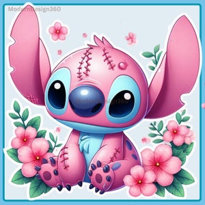 Pink Stitch Stitch w/ Flowers Watercolor Splash | Clipart Images | Graphics and Artwork | Rainbow Aesthetic | PNG Cute Stitch Images