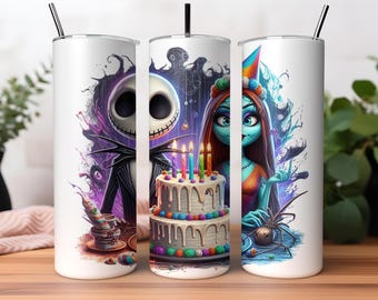 Envoltorio para vaso de Halloween de Jack y Sally, envoltura delgada y cónica de 20 oz, clipart de cumpleaños, gráficos y obras de arte, imágenes PNG de pesadillas navideñas