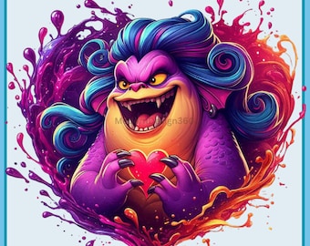 Ursula Heart Hands Watercolor Splash | Clipart Images | Graphics and Artwork | Rainbow Aesthetic | PNG Cute Queen and Villain Images
