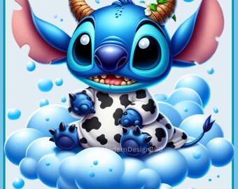 May include: A blue cartoon character with large eyes and a cow print onesie sits on a fluffy white cloud with blue bubbles in the background. The character has horns and a flower on its head.