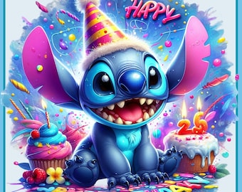 Stitch Birthday Watercolor Splash, Clipart Images, Graphics and Artwork,Stitch Birthday Clipart, Rainbow Aesthetic, PNG Cute Birthday Images