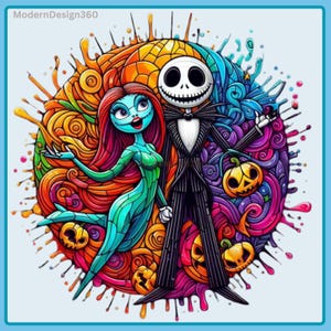 Jack and Sally Stained Glass Watercolor Splash, Clipart Images, Graphics and Artwork, Rainbow Aesthetic, PNG Christmas Nightmare Images