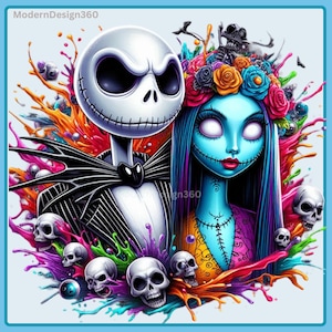 Jack and Sally Watercolor Splash, Clipart Images, Graphics and Artwork, Rainbow Aesthetic, PNG Christmas Nightmare Images