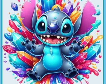 Stitch Gemstone Crystals Watercolor Splash | Clipart Images | Graphics and Artwork | Rainbow Aesthetic | PNG Cute Character Images