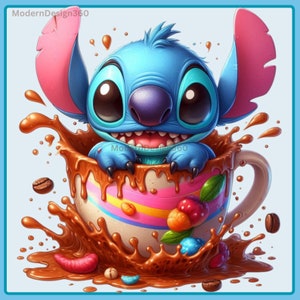 Stitch Coffee Watercolor Splash | Clipart Images | Graphics and Artwork | Rainbow Aesthetic | PNG Cute Character Images