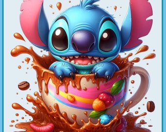 Salpicadura de acuarela de café de Stitch / Imágenes prediseñadas / Gráficos y obras de arte / Estética de arcoíris / Imágenes PNG de personajes lindos