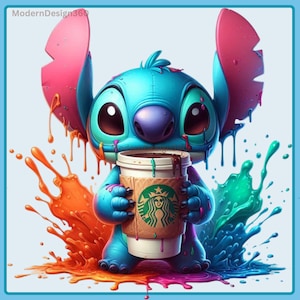 Stitch Coffee Watercolor Splash | Clipart Images | Graphics and Artwork | Rainbow Aesthetic | PNG Cute Character Images