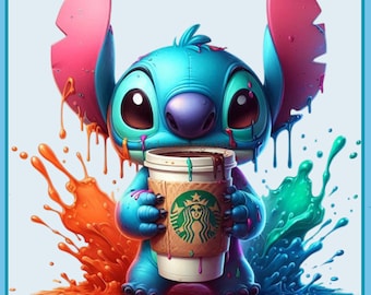 Salpicadura de acuarela de café de Stitch / Imágenes prediseñadas / Gráficos y obras de arte / Estética de arcoíris / Imágenes PNG de personajes lindos