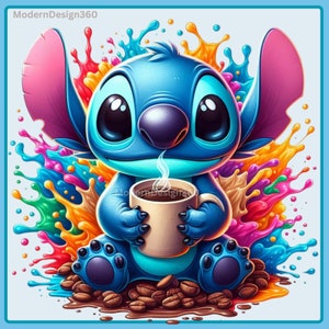 Stitch Coffee Watercolor Splash, Clipart Images, Graphics and Artwork, Rainbow Aesthetic, PNG Cute Character Images