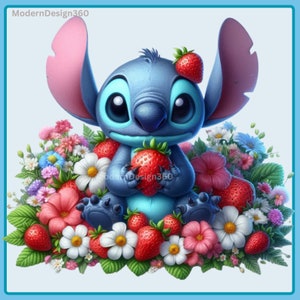 Stitch Floral w/ Strawberries Watercolor Splash, Clipart Images, Graphics and Artwork, Rainbow Aesthetic, PNG Cute Stitch Images