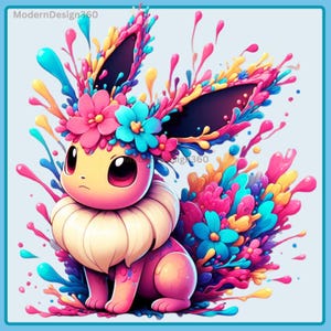 May include: A pink and yellow Eevee Pokemon with a flower crown, surrounded by colourful paint splatters and flowers.