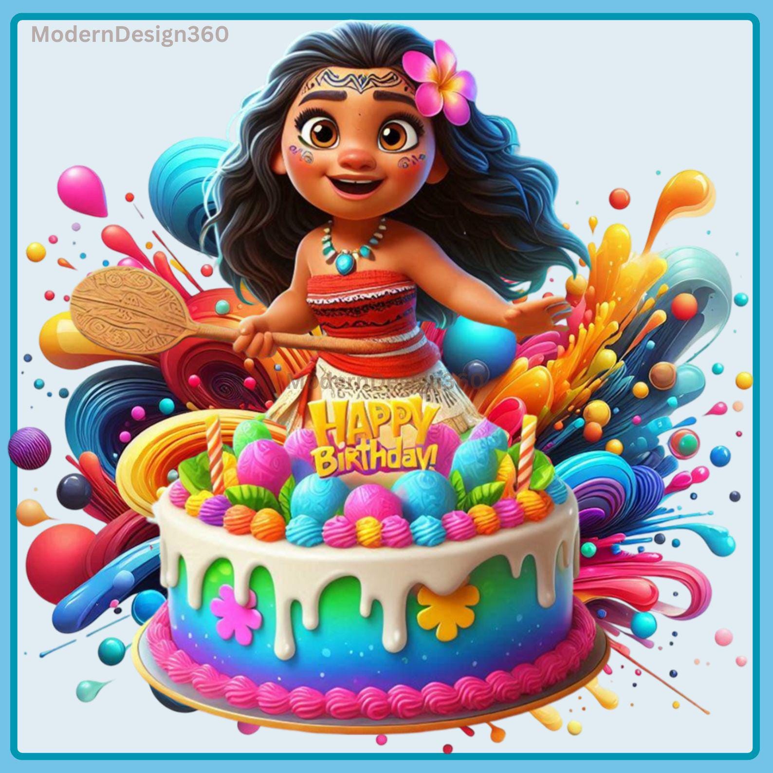 Moana Birthday Watercolor Splash, Clipart Images, Graphics and Artwork, Rainbow Aesthetic, PNG Cute Princess Images