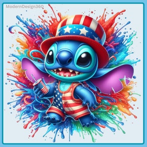 Stitch 4th of July Watercolor Splash, Clipart Images, Graphics and Artwork, Rainbow Aesthetic, PNG Cute Celebration Images