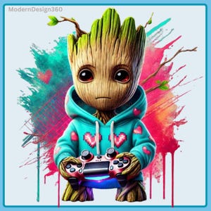 May include: A cartoon illustration of a green, brown, and red character holding a video game controller. The character is wearing a blue hoodie with pink hearts. The background is a colourful watercolour wash.