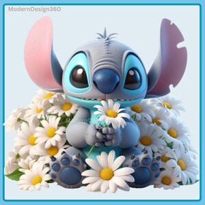 Stitch White Daisies Watercolor Splash, Clipart Images, Graphics and Artwork, Rainbow Aesthetic, PNG Cute Stitch Images