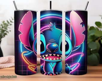 Envoltura para vaso delgado de 20 oz con luz de neón de Stitch, vaso de 20 oz de Stitch, envoltura para vaso con dibujos animados de Stitch, sublimación de vaso, descarga PNG