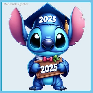 Stitch Graduation 2025 Clipart Image with Watercolor Splash Background, Stitch Graduation Bundle, Commercial Files, Cute Lilo PNG Graphics