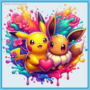 Pikachu and Eevee Valentine, Clipart Images, Graphics and Artwork, Rainbow Aesthetic, PNG Cute Little Monster Images