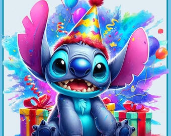 Stitch Birthday Watercolor Splash, Clipart Images, Graphics and Artwork,Stitch Birthday Clipart, Rainbow Aesthetic, PNG Cute Birthday Images