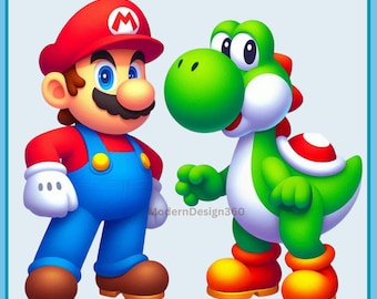 マリオとヨッシーの水彩画 PNG：虹色のゲームクリップアート（デジタル